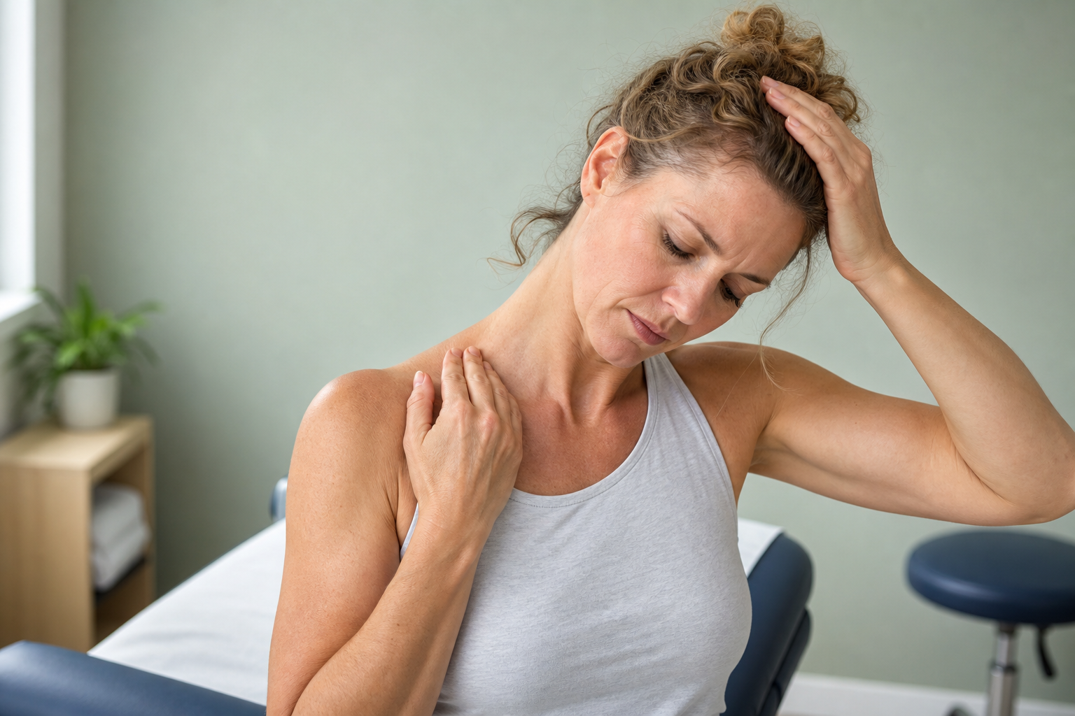 Woman gently stretching her neck while holding her shoulder in a room with a potted plant and a chair.