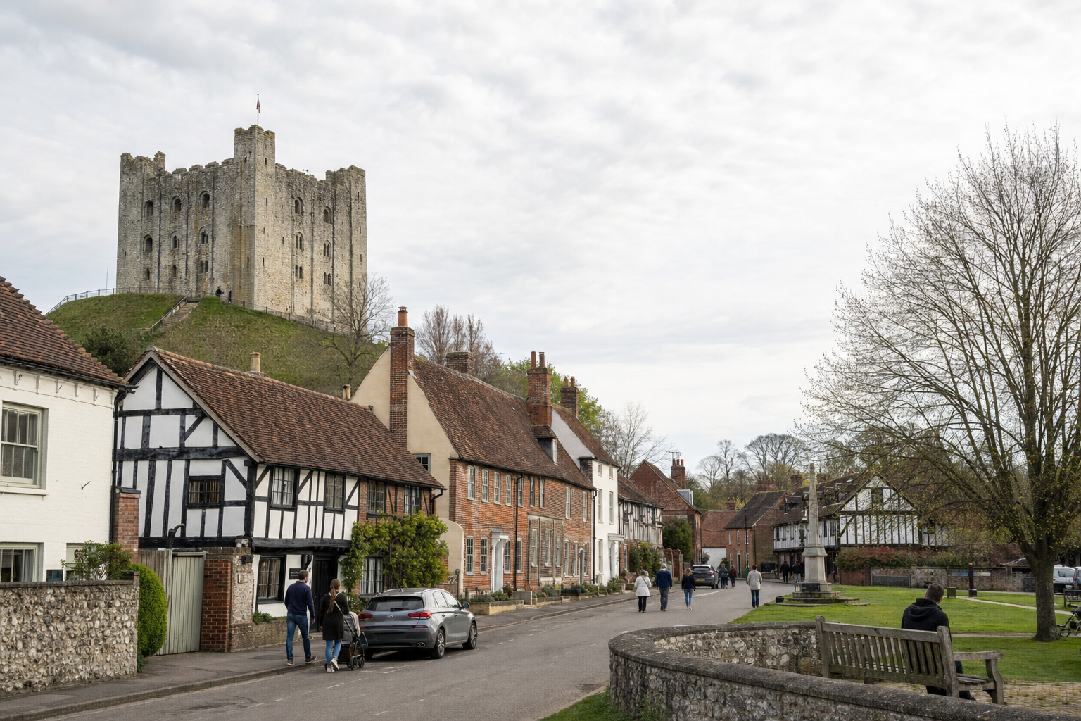 A historic castle overlooks a quaint English village street lined with timber-framed houses and people strolling.