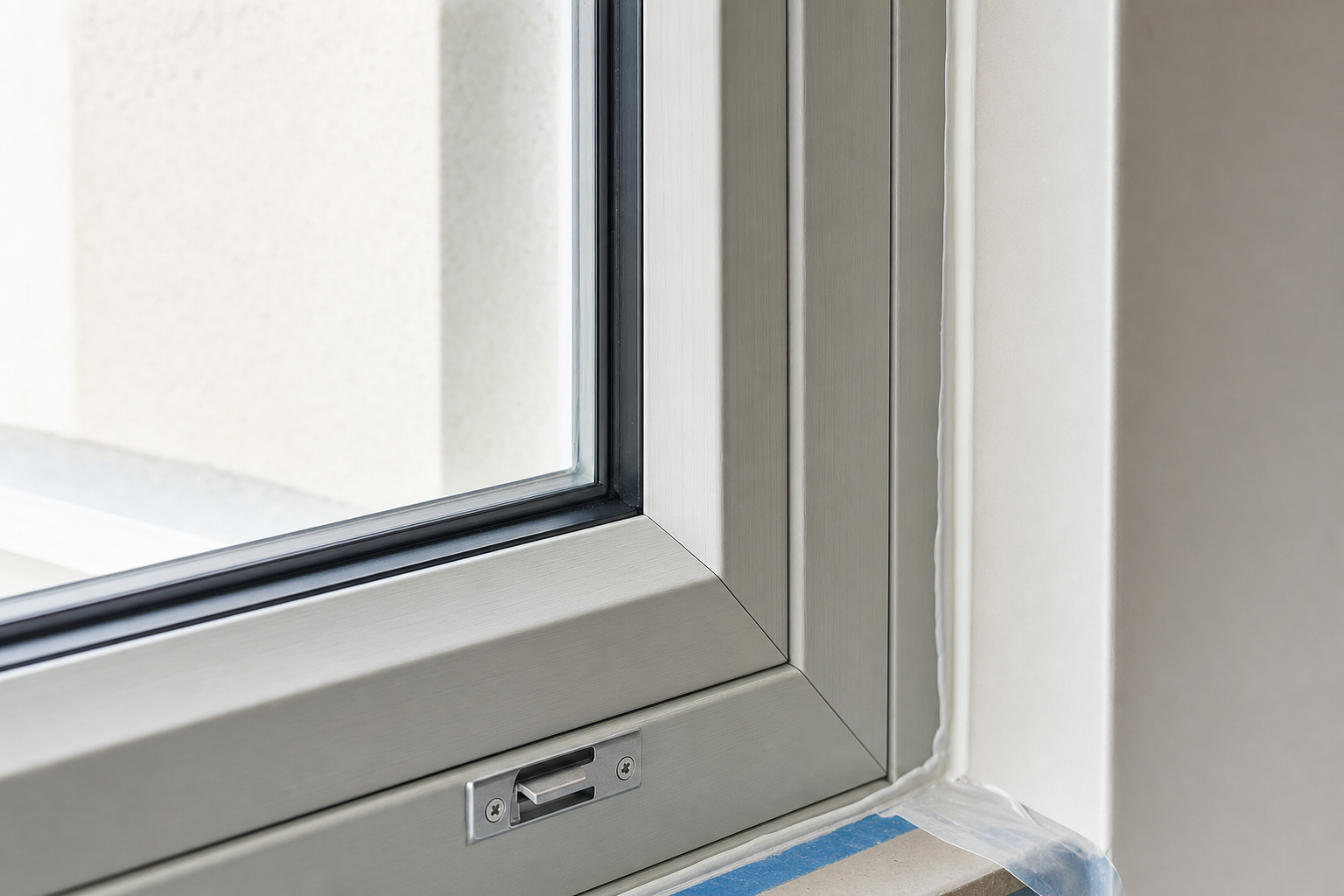 Close-up of a modern aluminium window frame with a secure lock and sealed edges.
