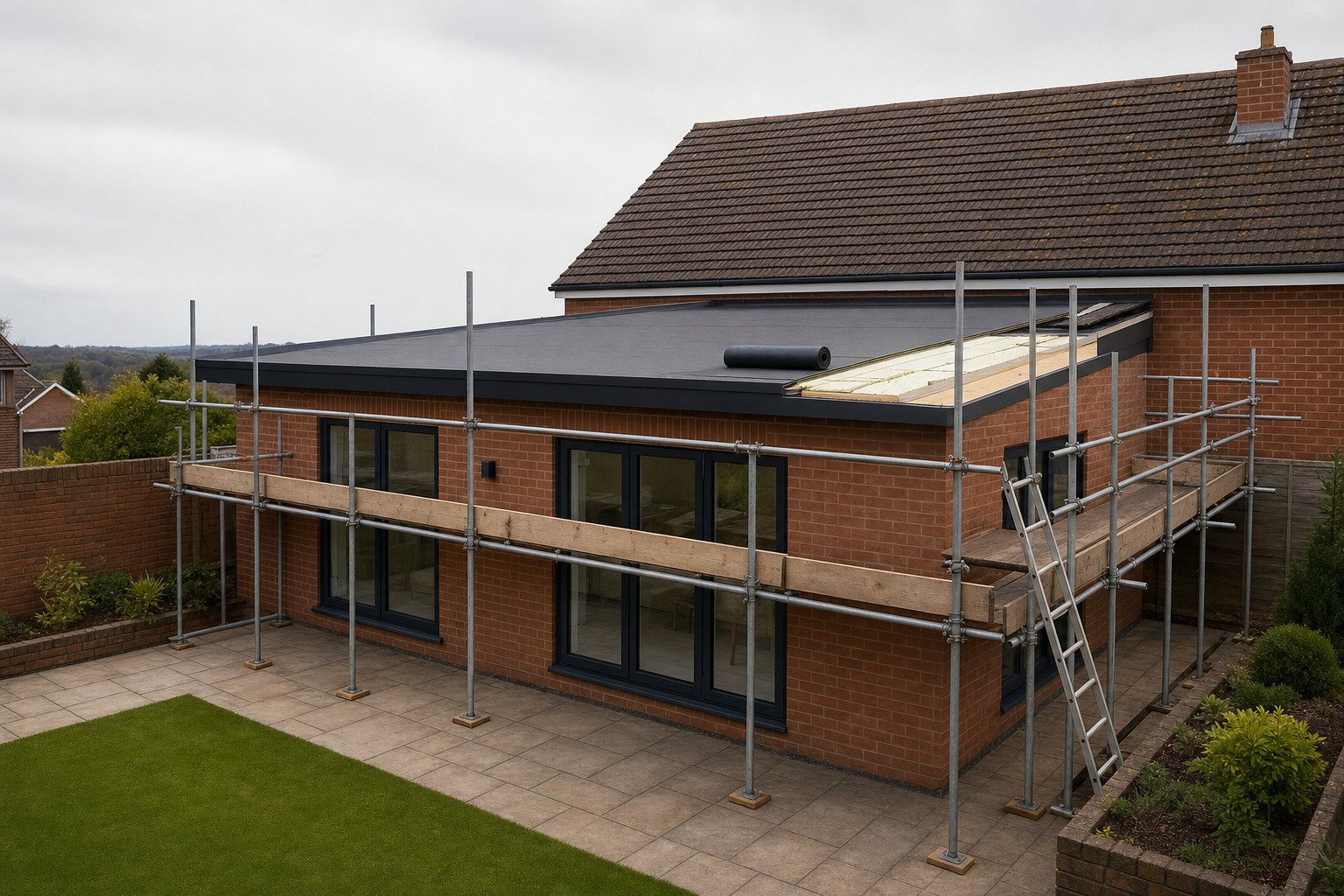 A brick house extension under construction with scaffolding and a flat roof partially completed.