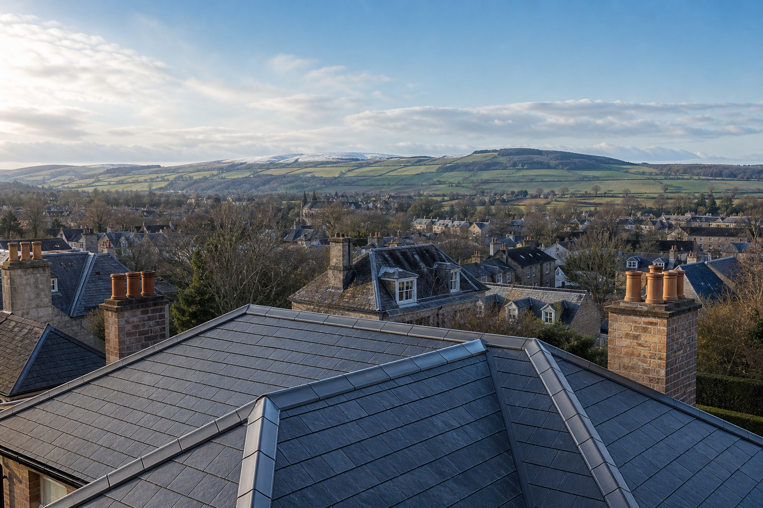 Slate rooftops of a village with chimney stacks, set against a backdrop of rolling green hills under a partly cloudy sky.