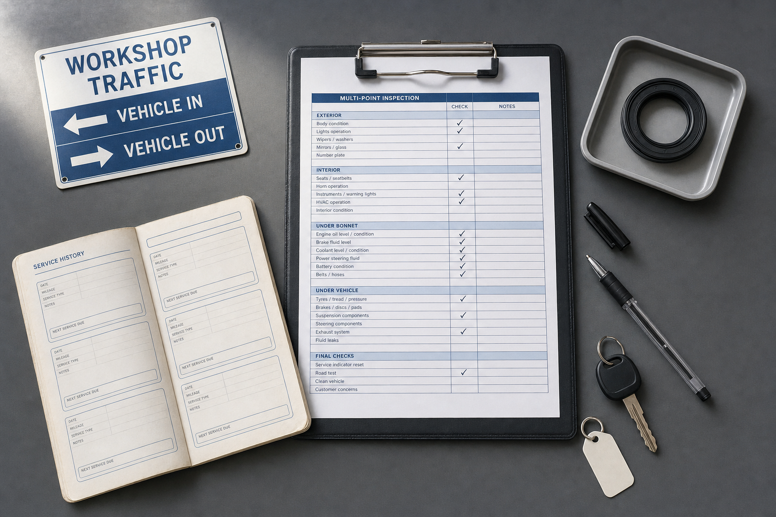Car service checklist and service history book on a grey surface, with a pen, keys, and a workshop traffic sign nearby.