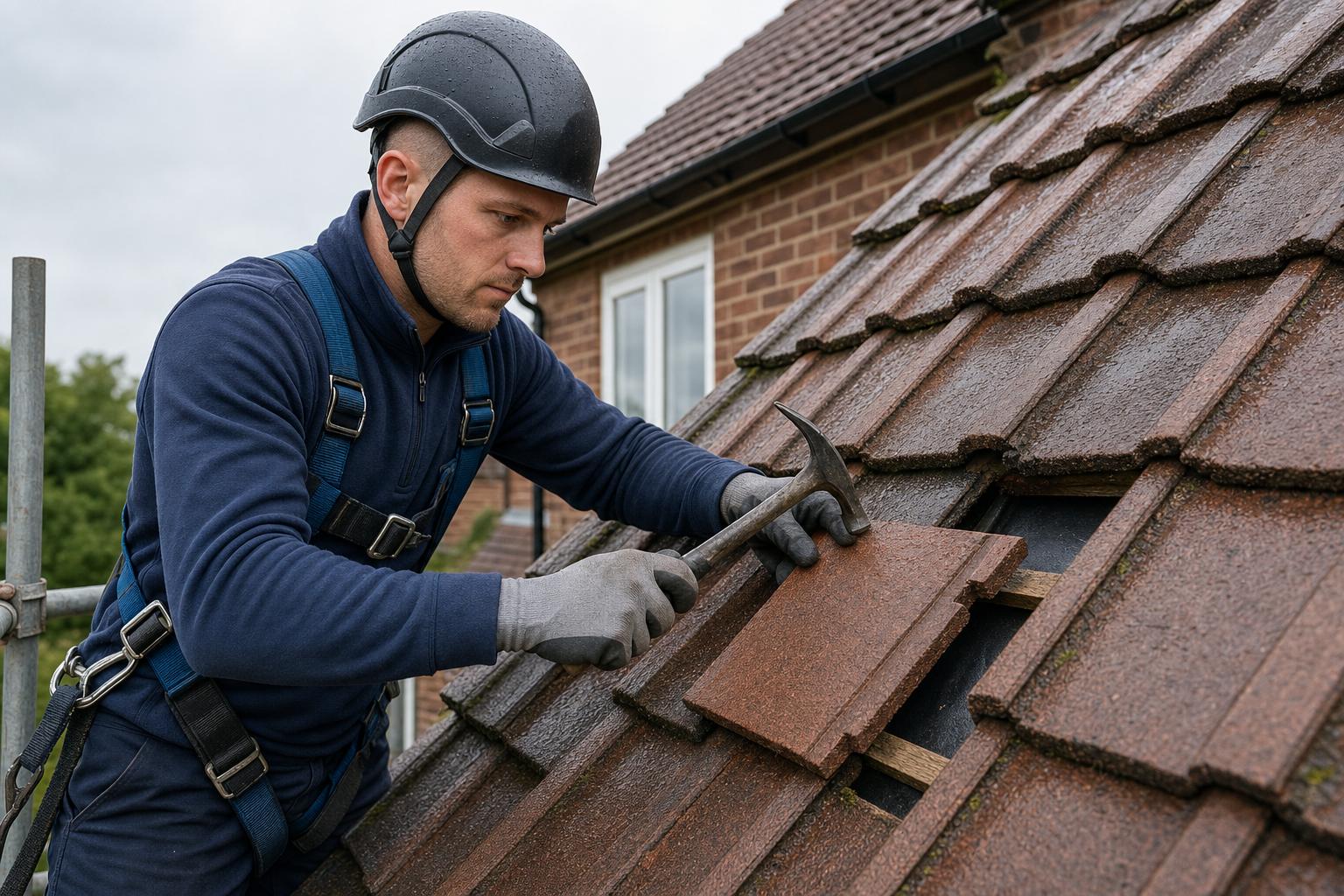 Roofer wearing safety gear repairs a wet roof with a hammer and tile, ensuring secure coverage.