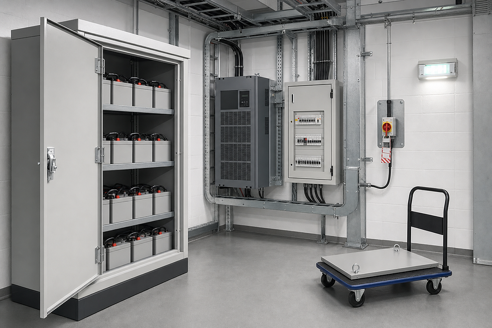 Utility room with an open battery cabinet, electrical panels, and a trolley on a grey floor.