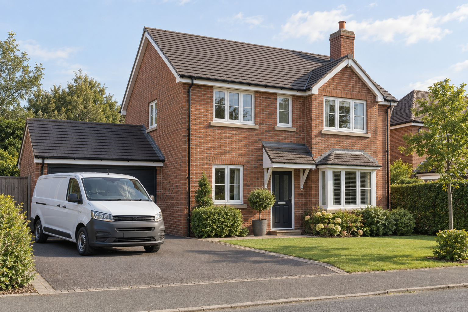 Red-brick two-storey house with a black front door and a white van parked in the driveway on a sunny day.
