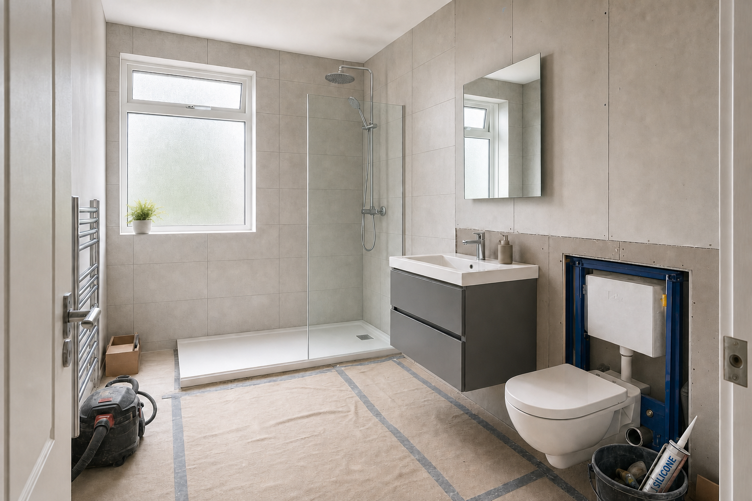 Modern bathroom under renovation with a shower, floating vanity, and exposed plumbing for the toilet installation.
