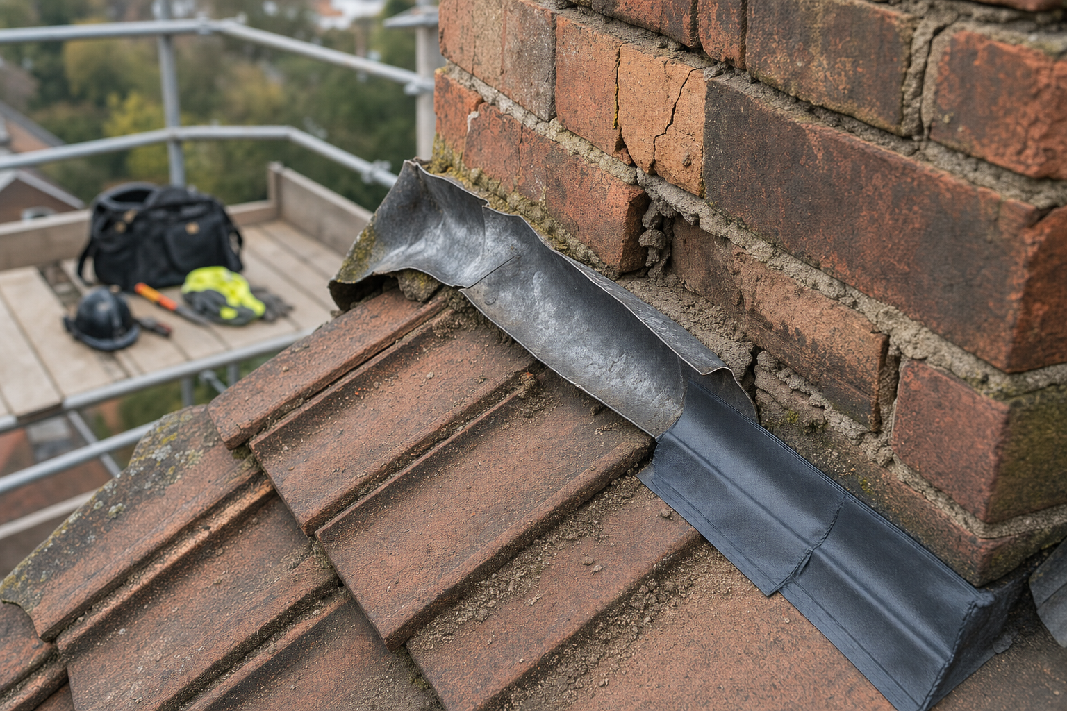 Close-up of damaged lead flashing against a brick chimney on a tiled roof, with scaffolding and work tools in the background.