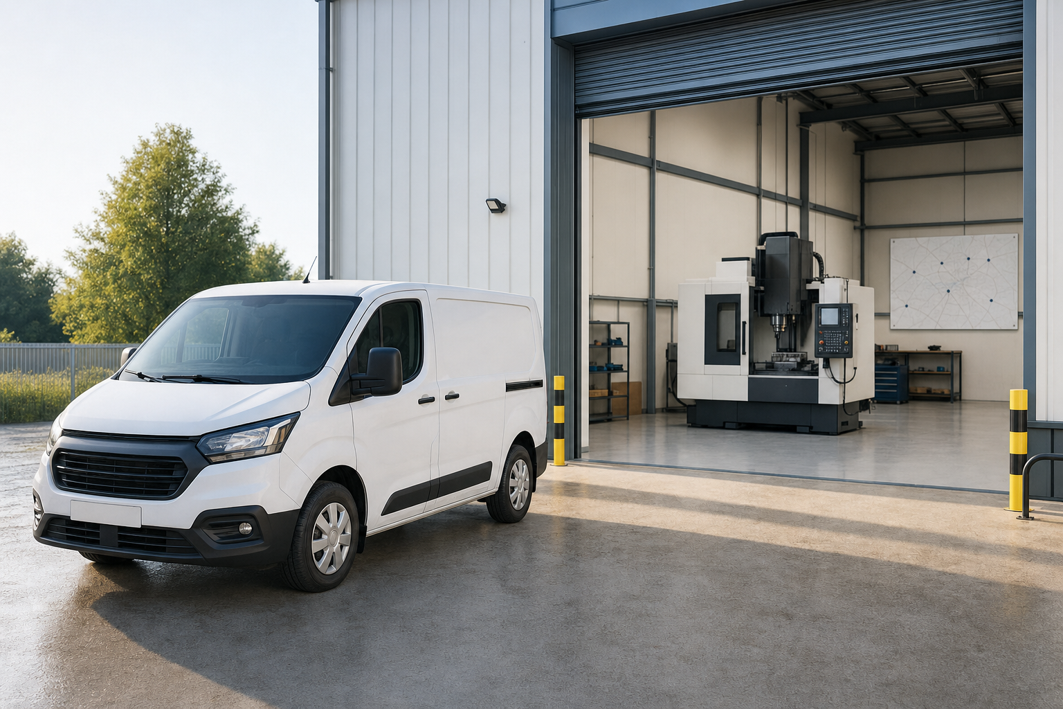 A white van parked outside a modern warehouse with an open door revealing industrial machinery inside.