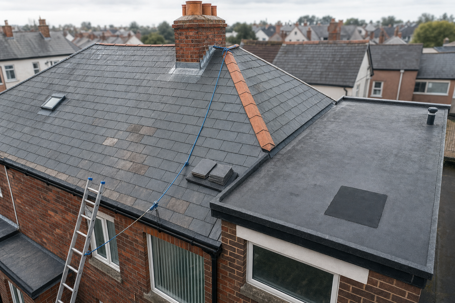 A two-storey brick house with a slate roof and attached ladder, featuring a chimney and a flat roof extension.