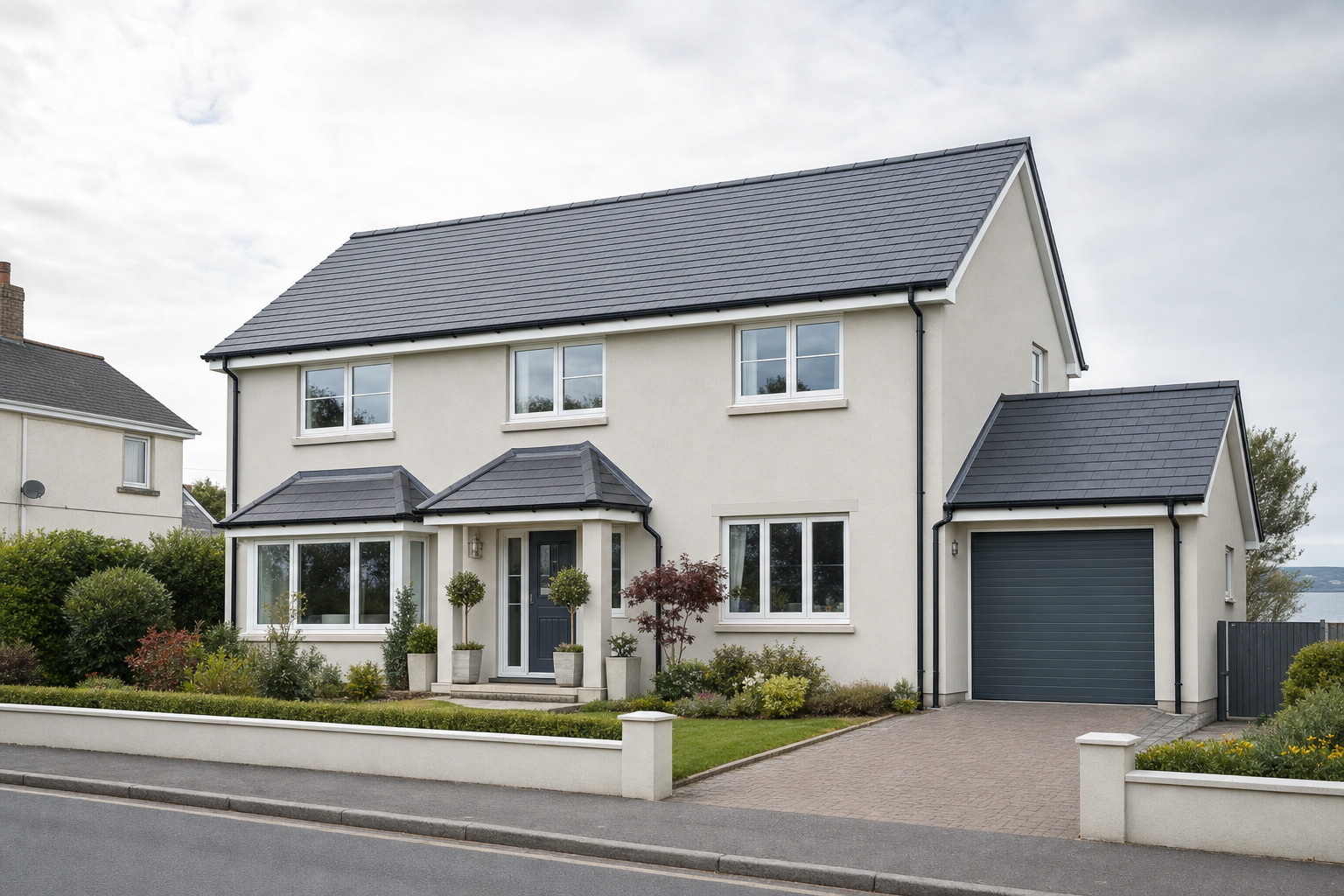 Modern two-storey detached house with a slate roof, neat garden, and adjoining garage on a quiet residential street.