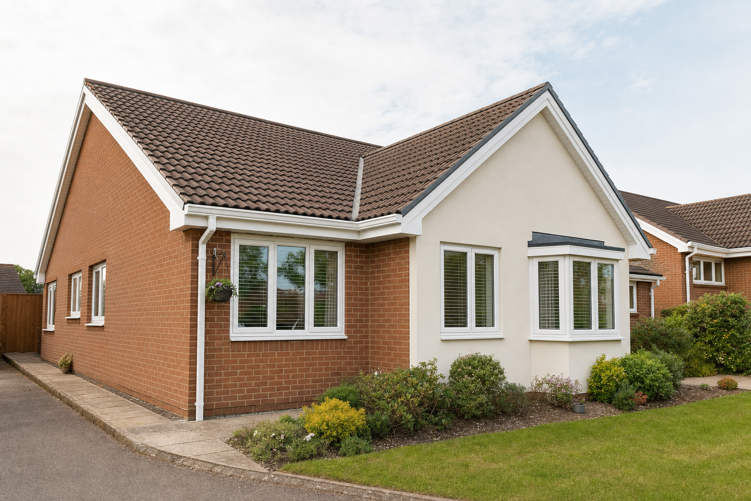 Single-storey brick and stucco bungalow with a well-kept garden and a tiled roof.