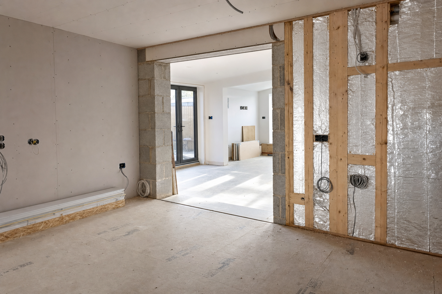 Incomplete interior construction showing exposed wiring and insulation with an open doorway to a sunlit room.