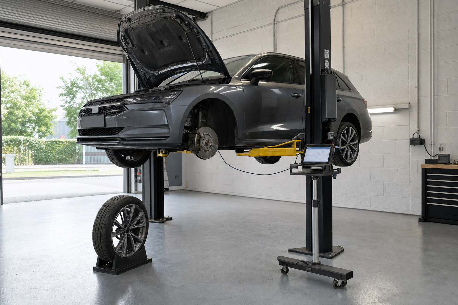 A grey car with raised bonnet is on a lift in a garage, missing a front wheel, with a laptop on a stand nearby.