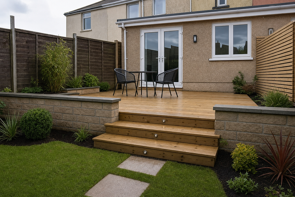 A modern garden patio with wooden decking, chairs, a table, and surrounding plants leading to a house.