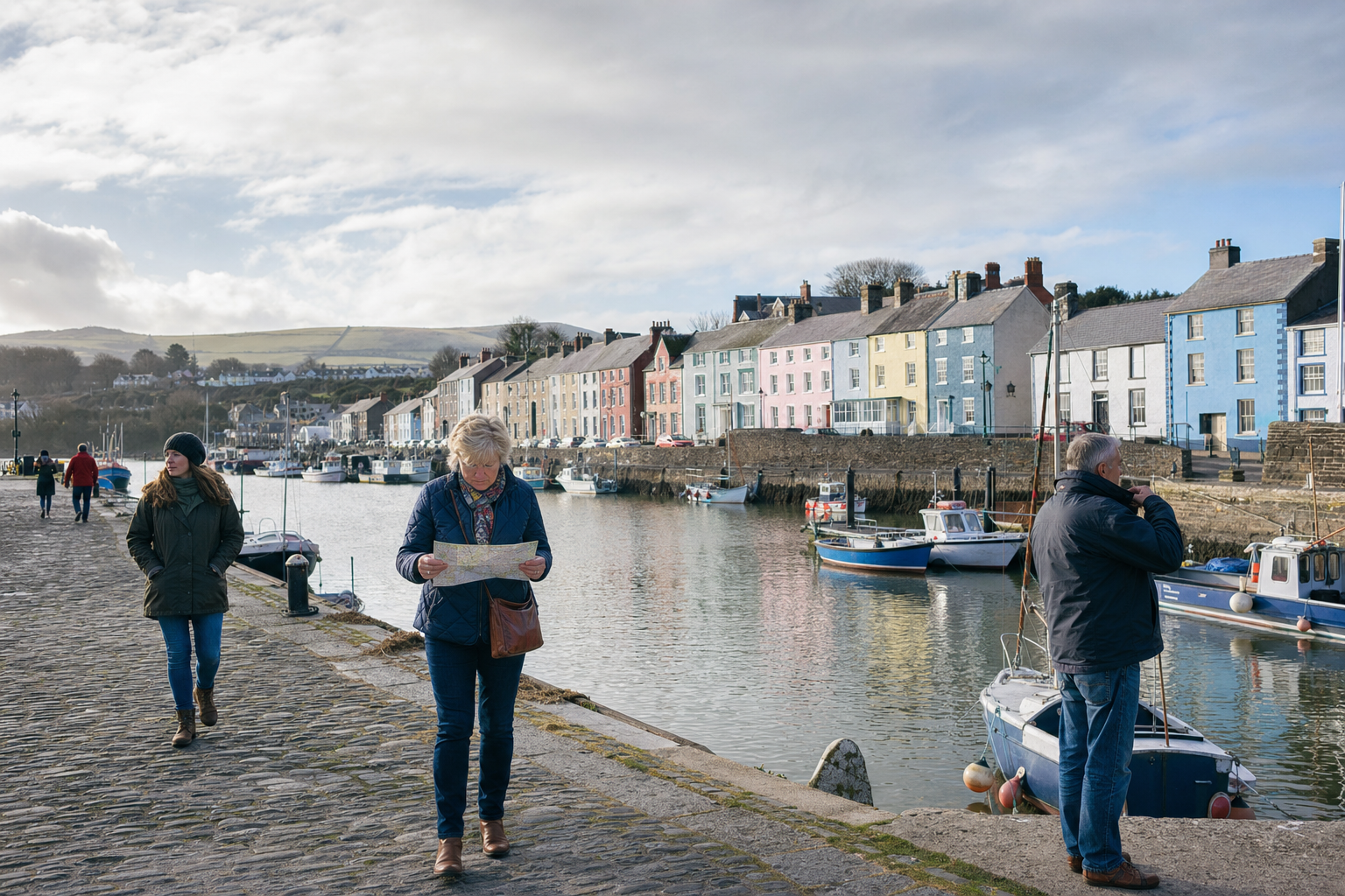 People walking by a harbour with colourful houses and boats on a clear day.