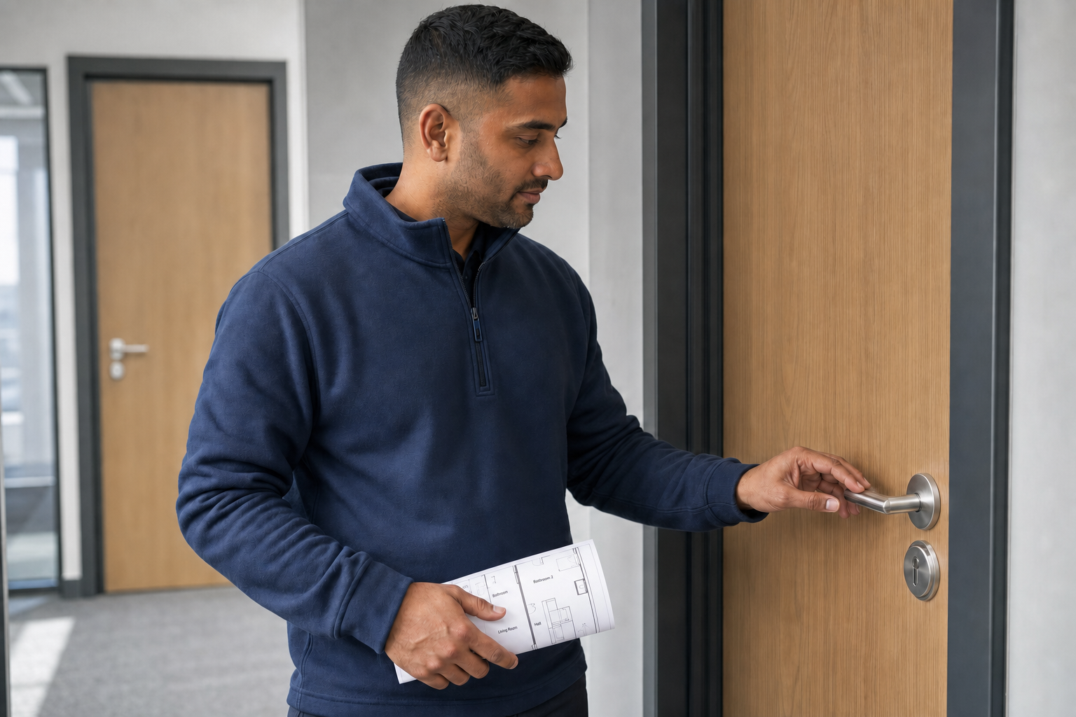 Man in a navy jumper holding architectural plans while opening a wooden door.