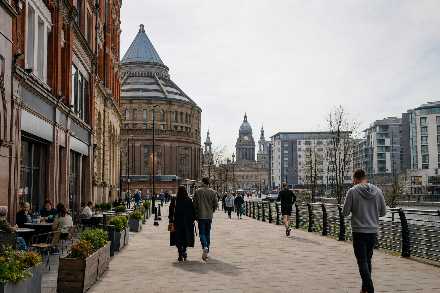 People walking along a riverside promenade with historic and modern buildings in the background.