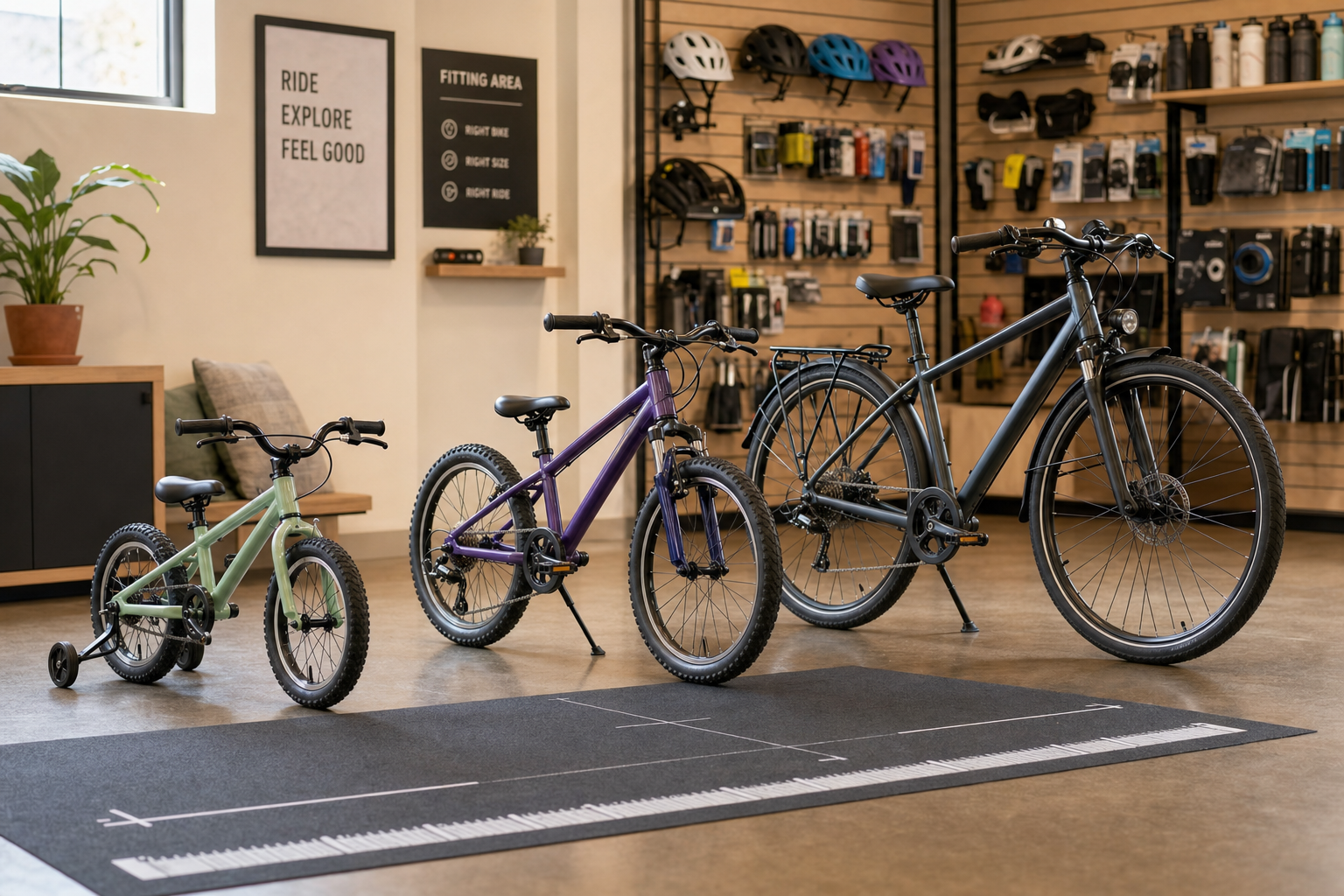 Three bicycles of different sizes displayed in a modern bike shop with accessories on the wall.