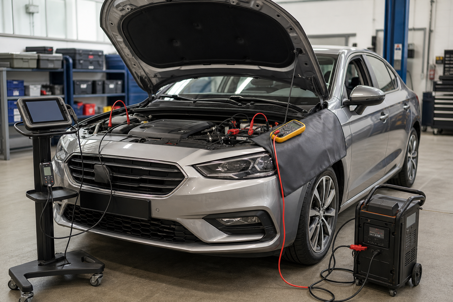 Silver car with an open hood in a garage, connected to diagnostic equipment and chargers.