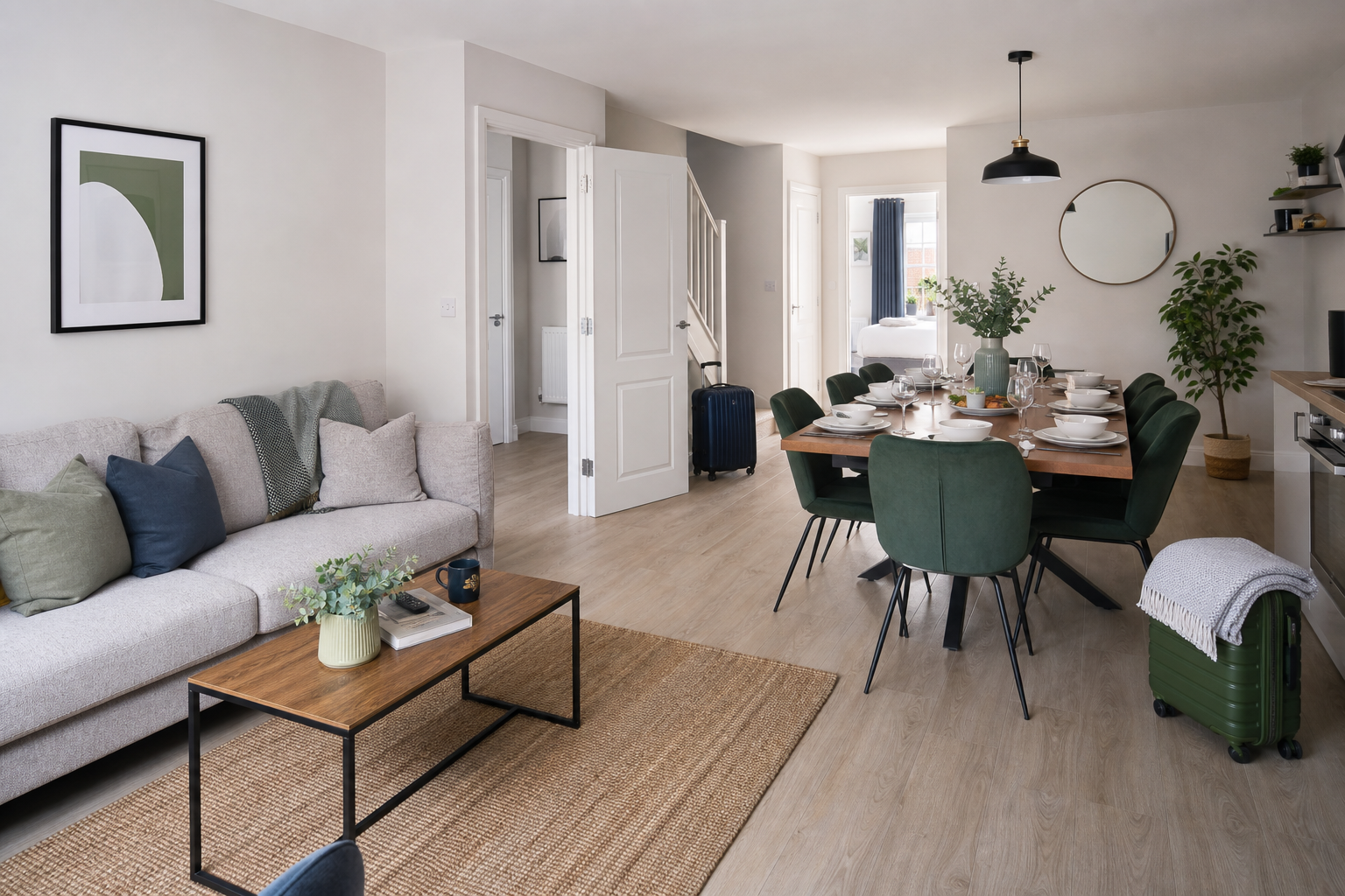 Modern open-plan living room and dining area with green chairs, a set dining table, and stylish decor.