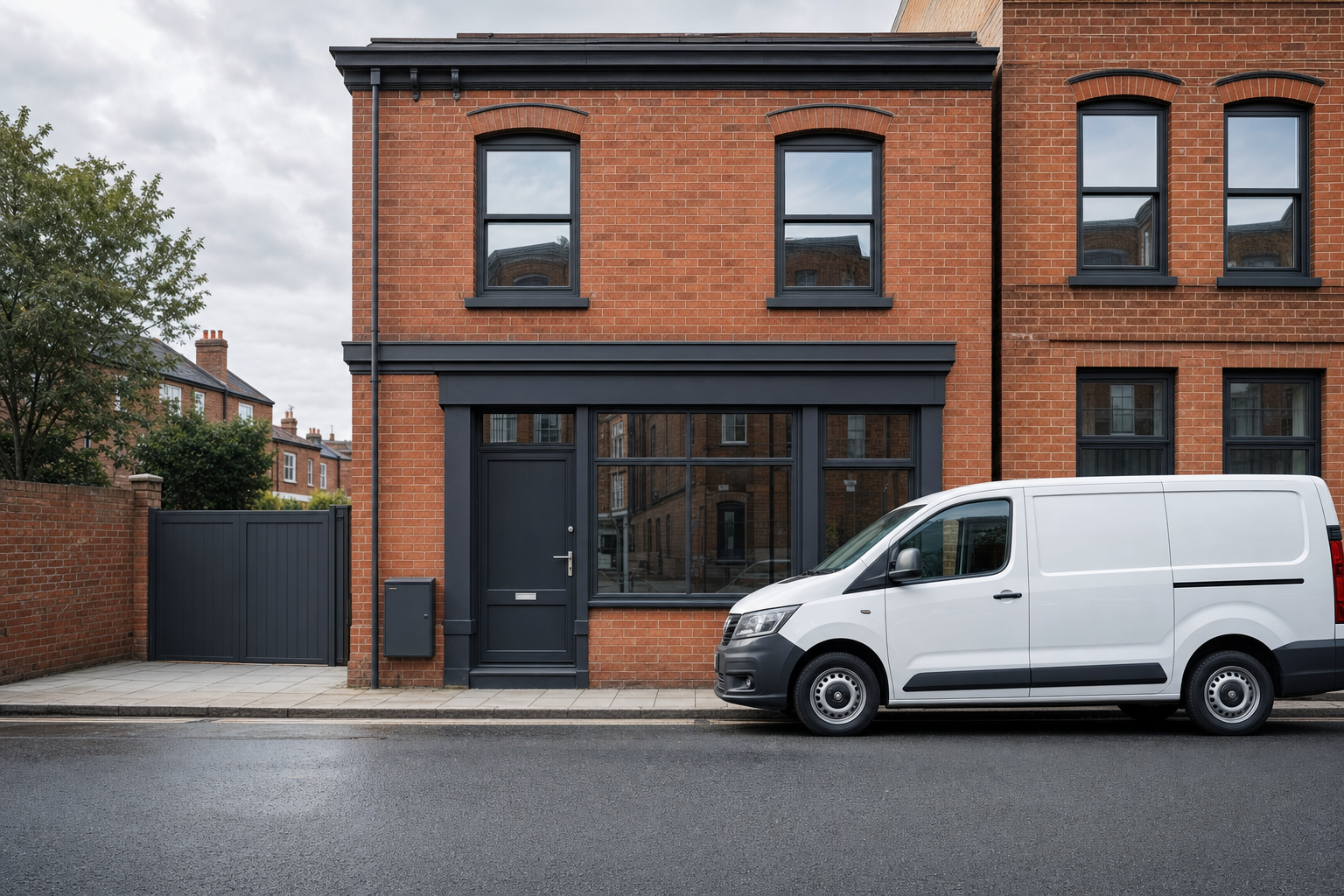 White van parked on the street in front of a modern red-brick building with black-framed windows and door.