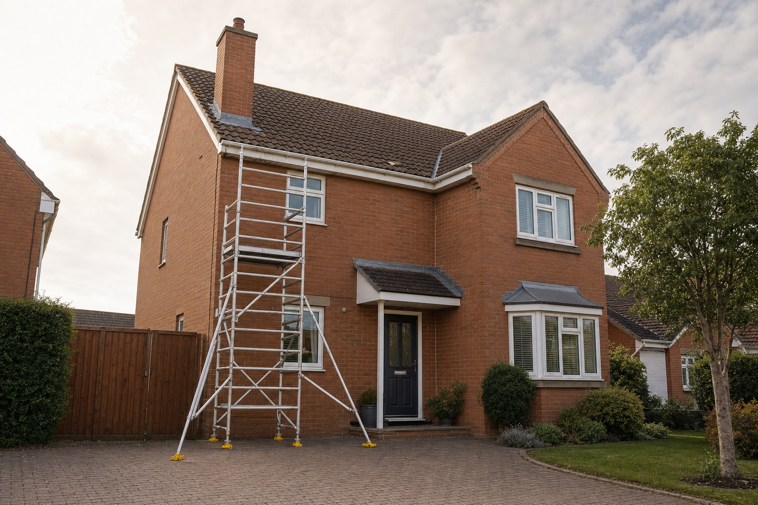 A two-storey brick house with a mobile scaffold tower beside it and a tree in the front garden.