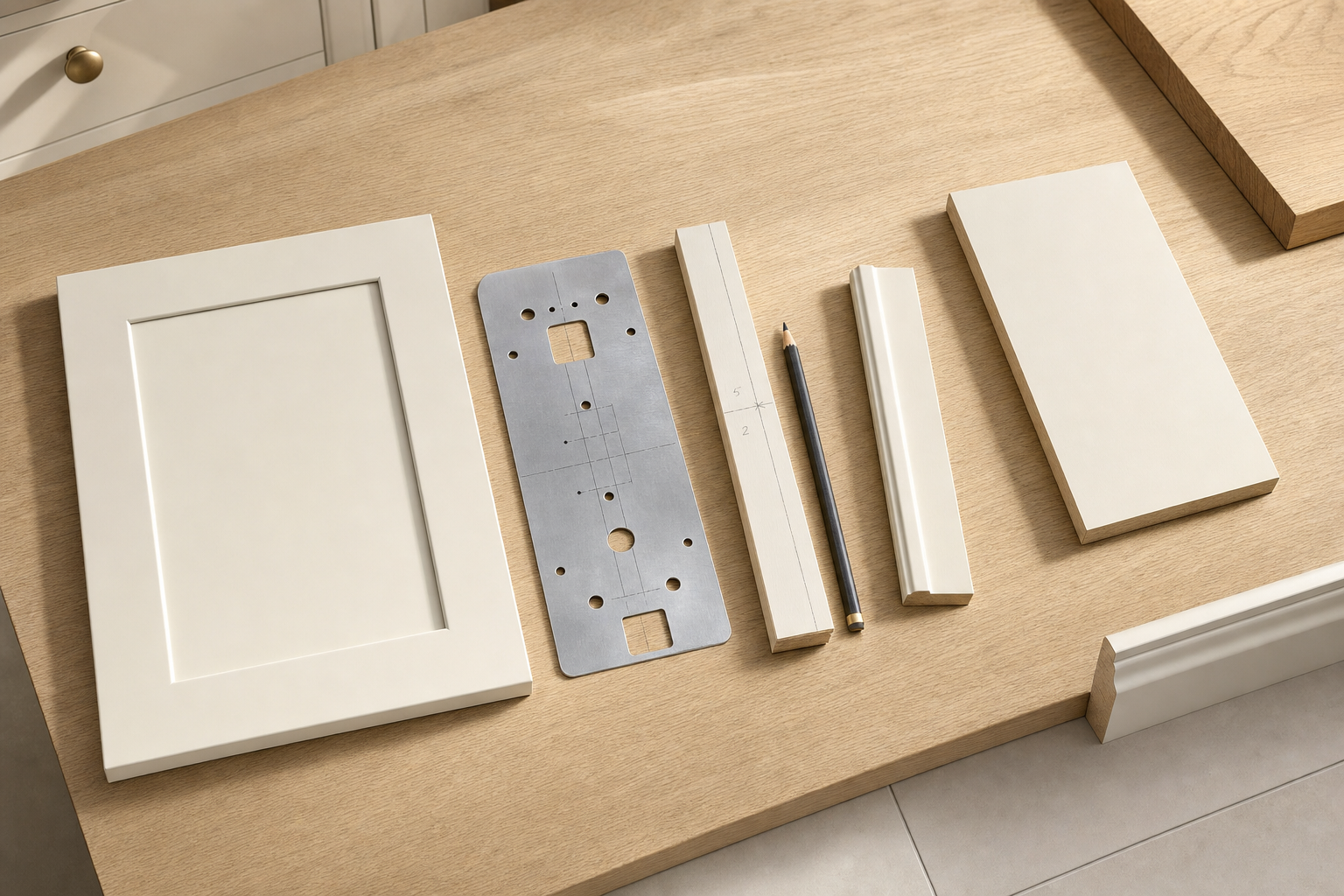 Cabinet door parts on a wooden table with a template and pencil for precise installation.