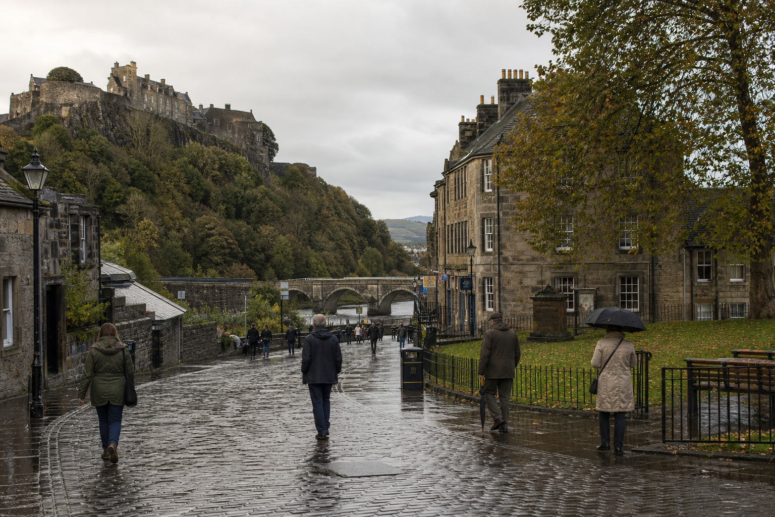 A rainy street scene with people walking towards a castle on a hill.