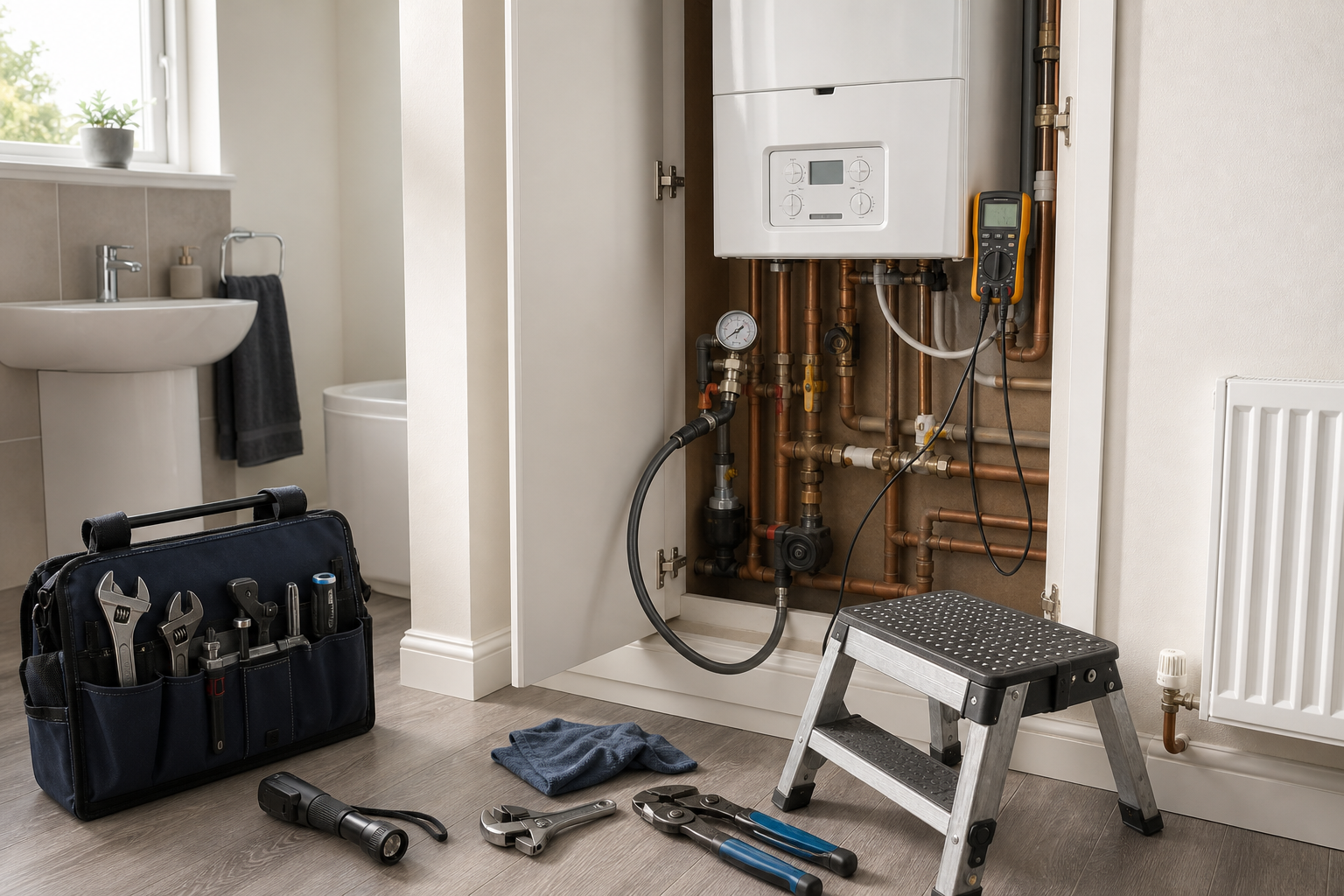 Home gas boiler maintenance setup with tools and equipment.