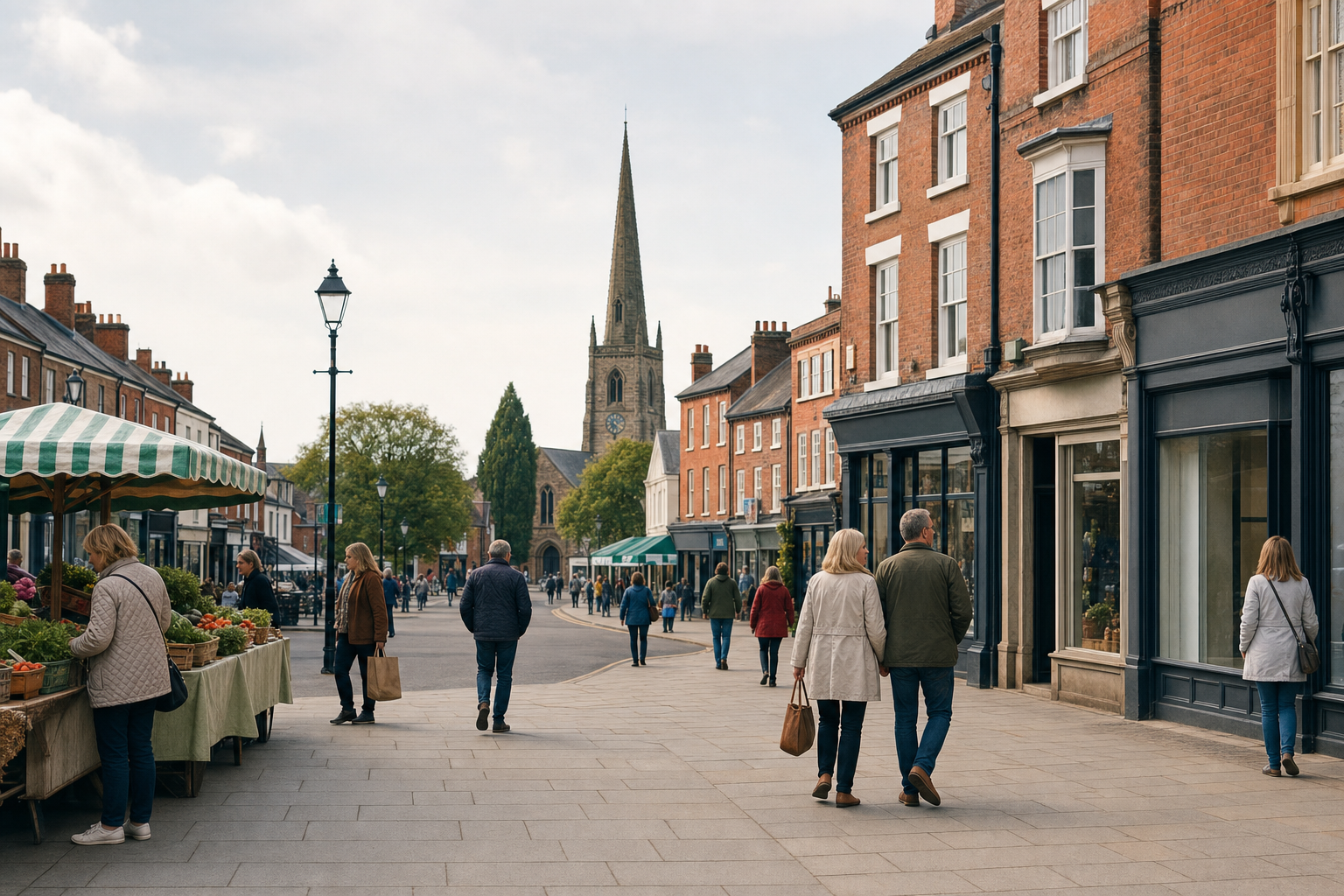 People stroll through a charming street market in a quaint English town, with a church spire in the background.