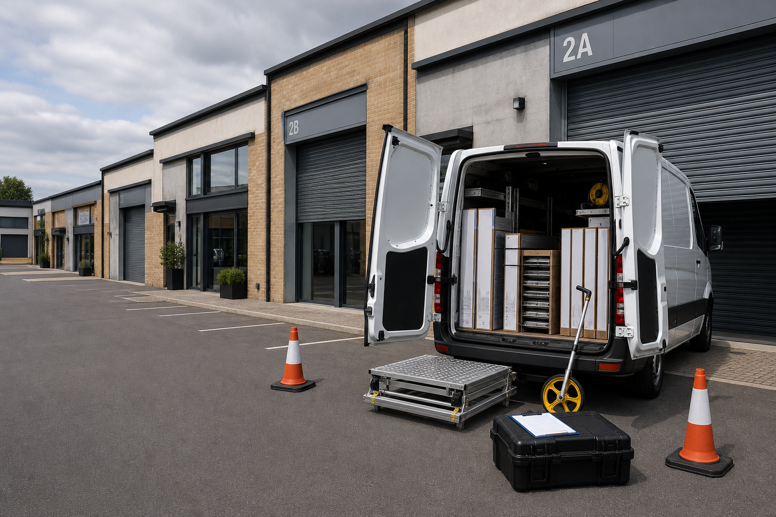 White van loaded with equipment parked outside industrial units on a cloudy day.