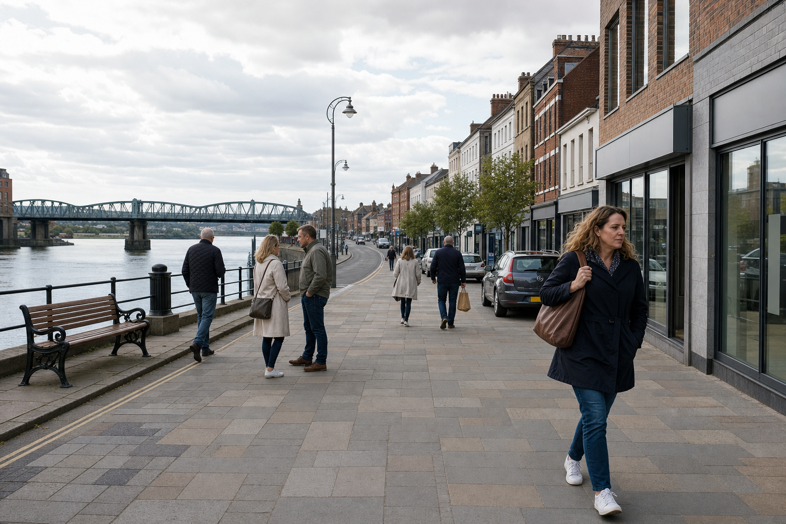 People walking along a riverside promenade with a bridge in the background.