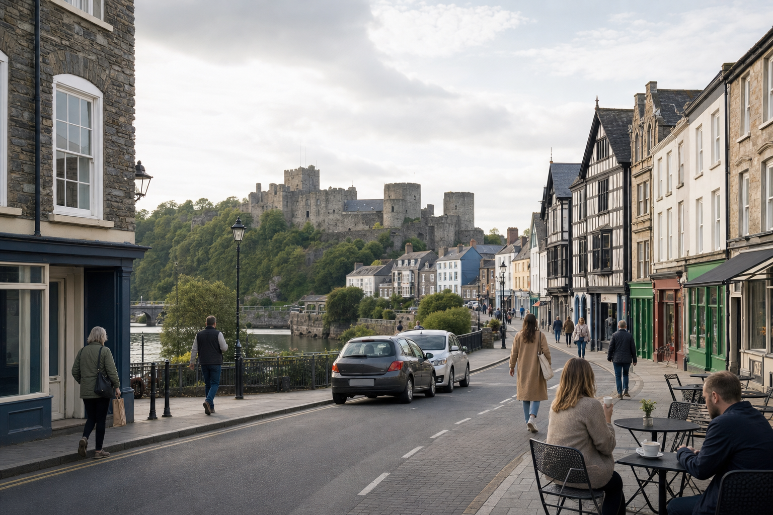 Street scene with people and cars, leading to a medieval castle on a hill in the background, under a cloudy sky.