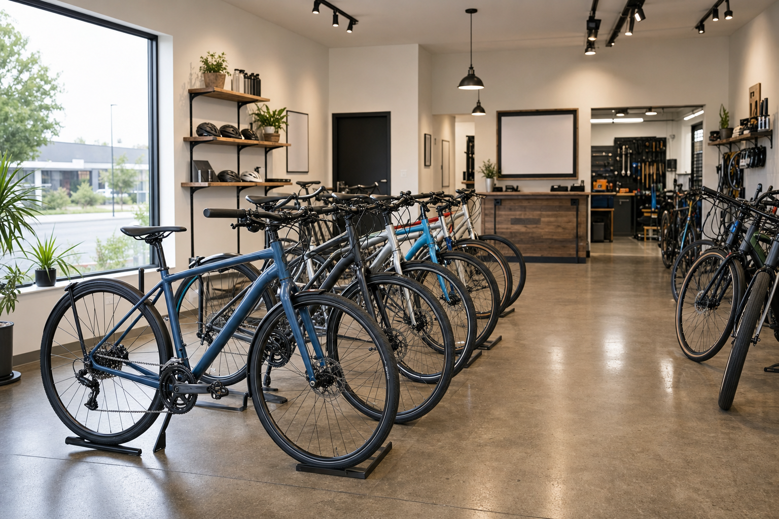 Bicycle shop interior with several bikes displayed, shelves of helmets, and a workshop area in the background.