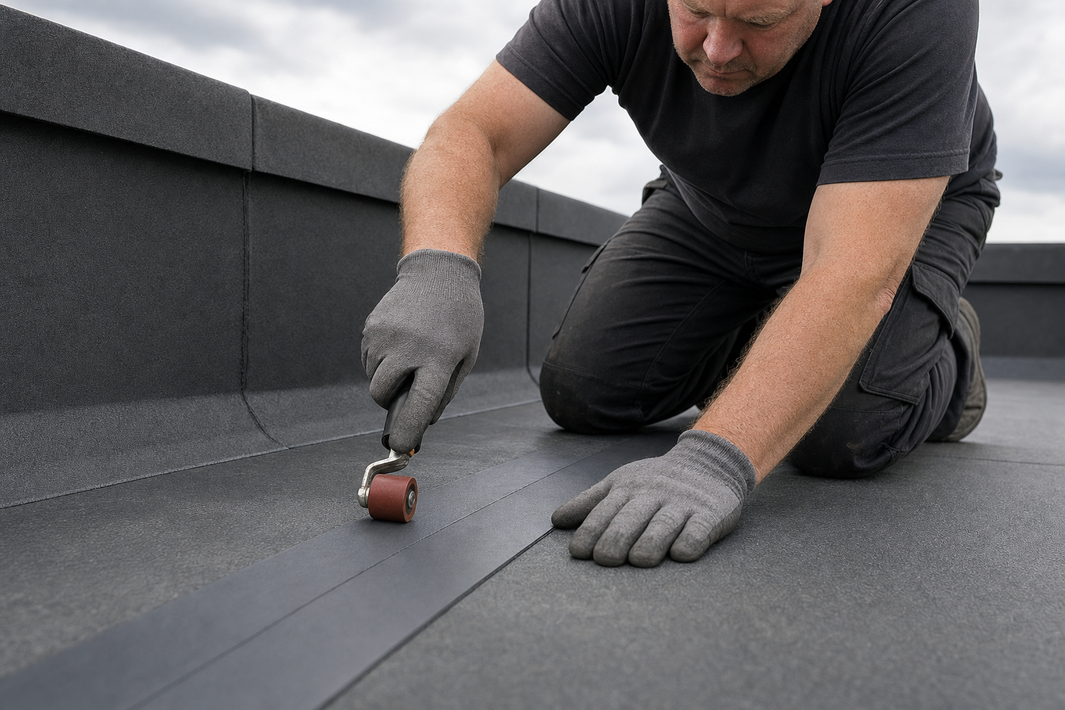 Man wearing gloves, applying roofing material with a small roller on a flat roof.