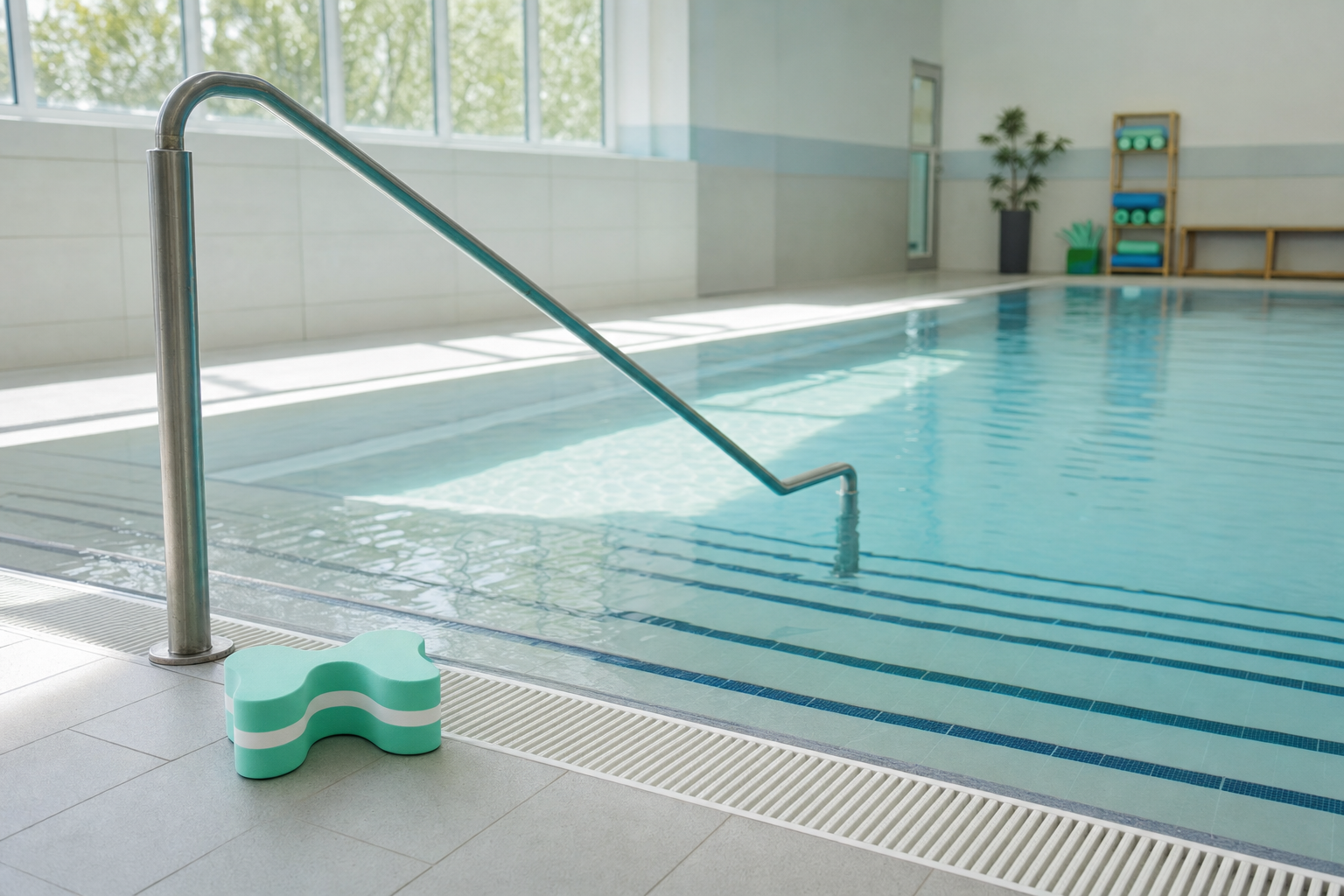 Indoor swimming pool with a handrail and a foam kickboard on the tiled deck.