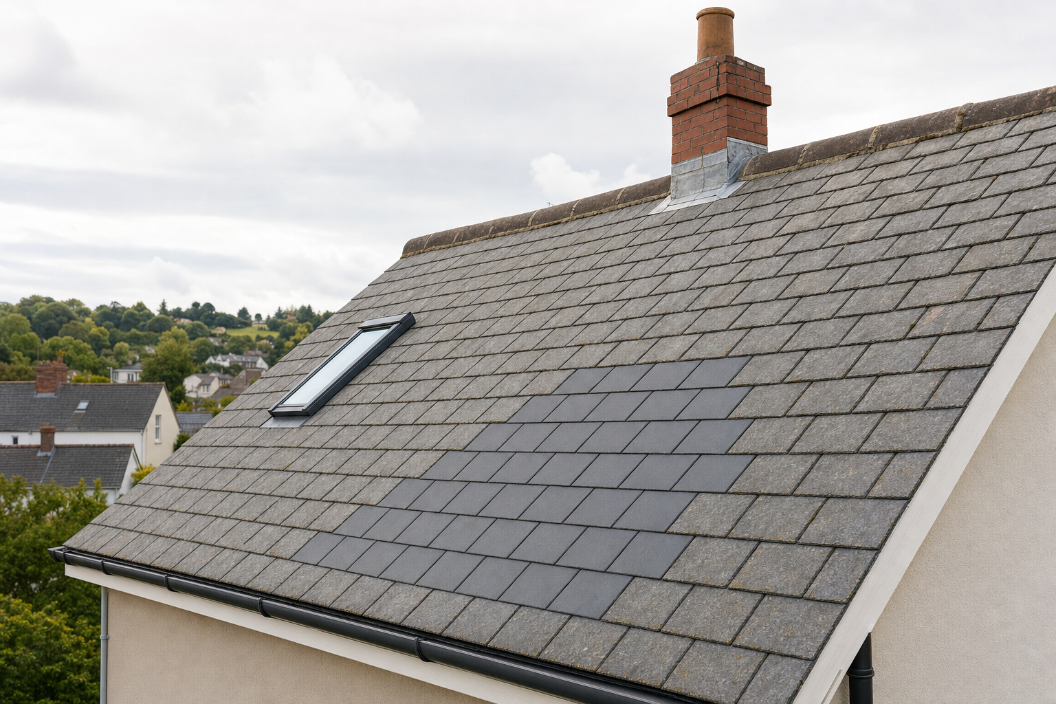 A tiled roof with a skylight and chimney against a backdrop of trees and neighbouring houses.