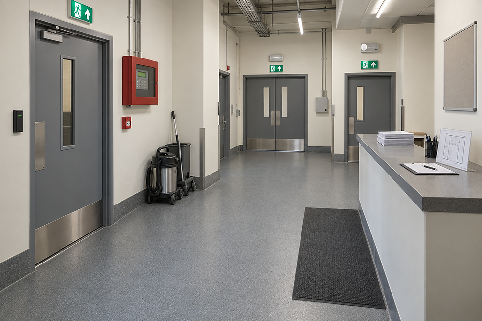 Sterile corridor with grey doors, a vacuum, and a counter holding papers and a clipboard.