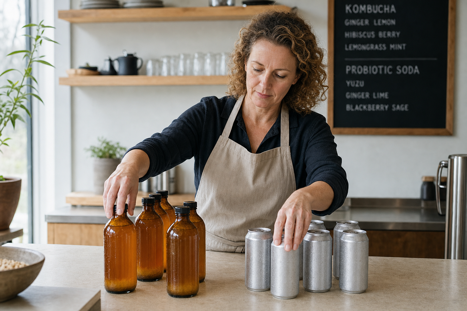 A woman wearing an apron arranges glass bottles and aluminium cans on a countertop in a kitchen.