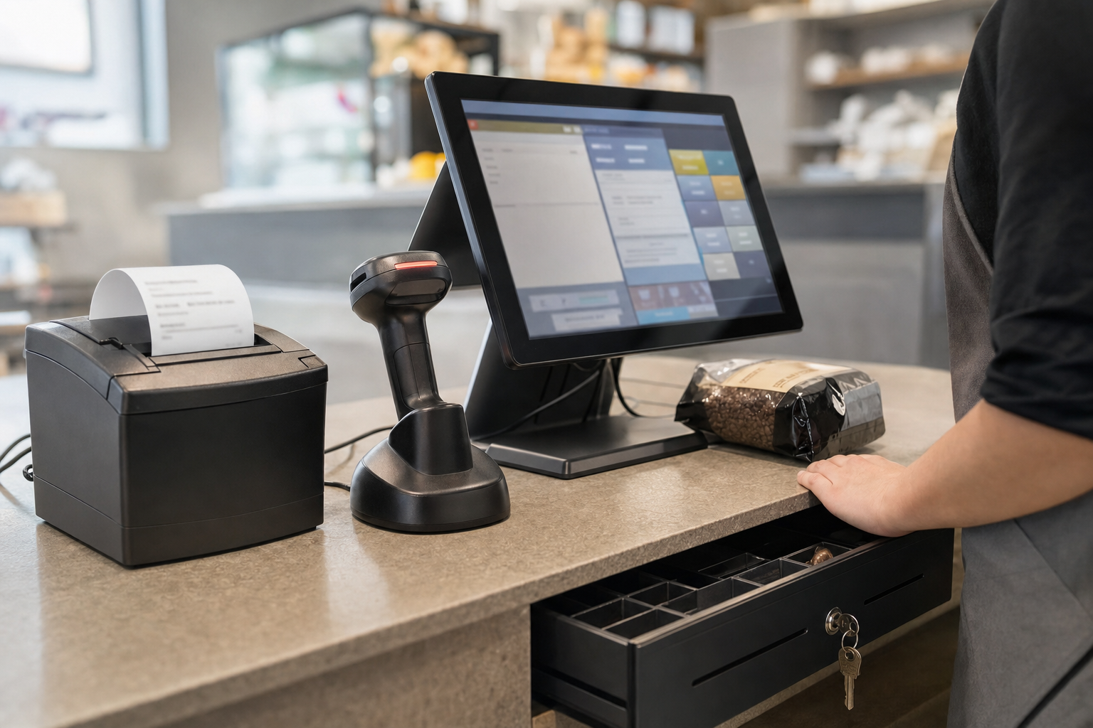 Cash register setup with a point-of-sale system, a barcode scanner, and a receipt printer on a counter.