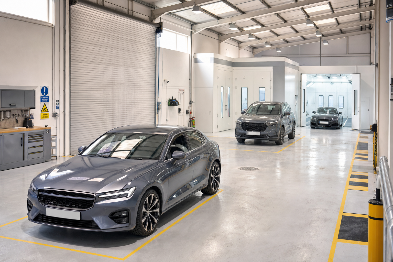 Three grey cars parked inside a spacious, well-lit industrial garage with equipment on the side.