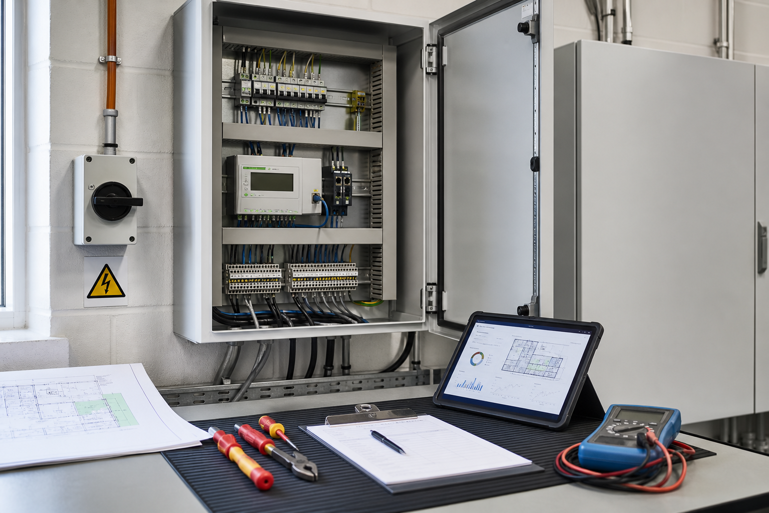 Electrical control panel with tools, digital tablet, and schematic drawings on a workbench.