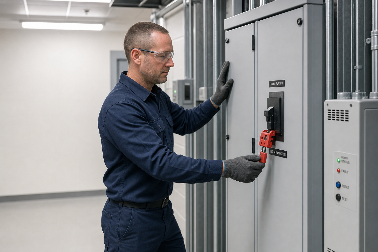 An engineer in safety gear operates an electrical main switch with a lockout tag.