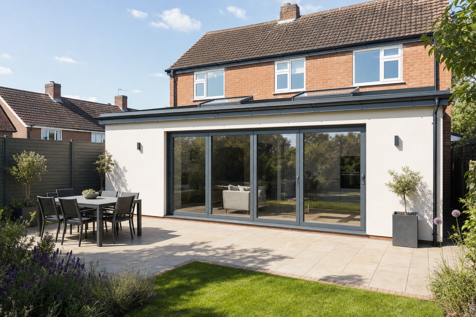 Modern house extension with large sliding glass doors opening onto a patio with outdoor dining furniture and potted plants.
