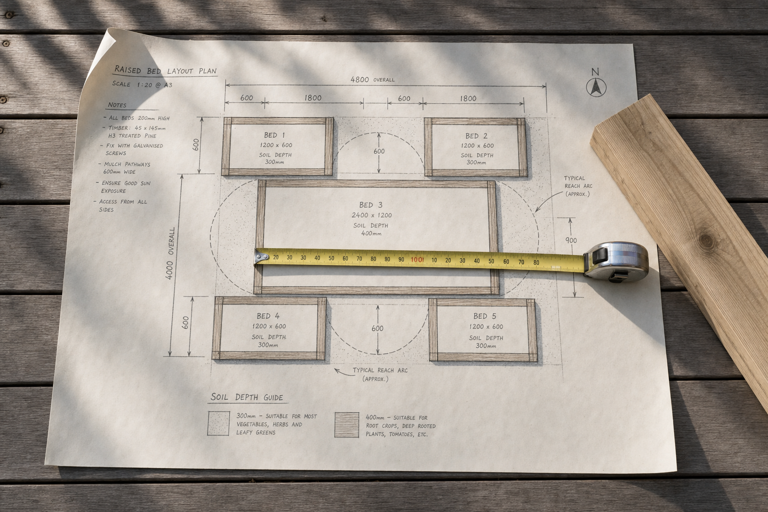 Garden layout plan on paper with a tape measure and a wooden plank on a wooden table.