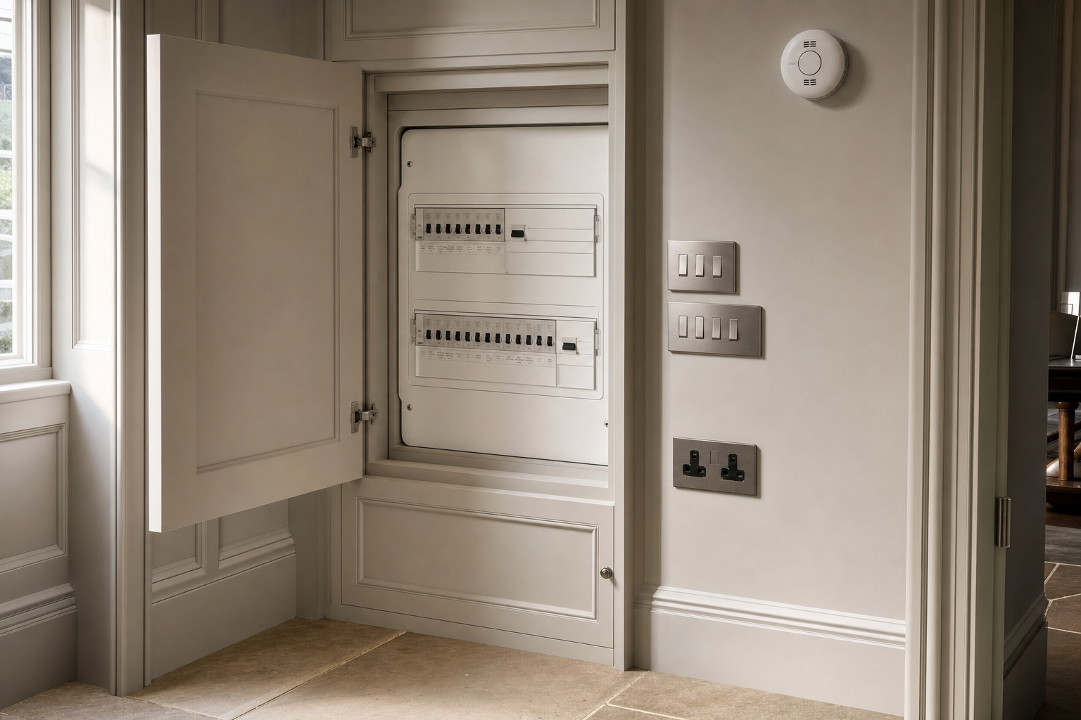 A neatly integrated electrical cabinet with open door, wall switches, and a smoke detector in a well-lit hallway.