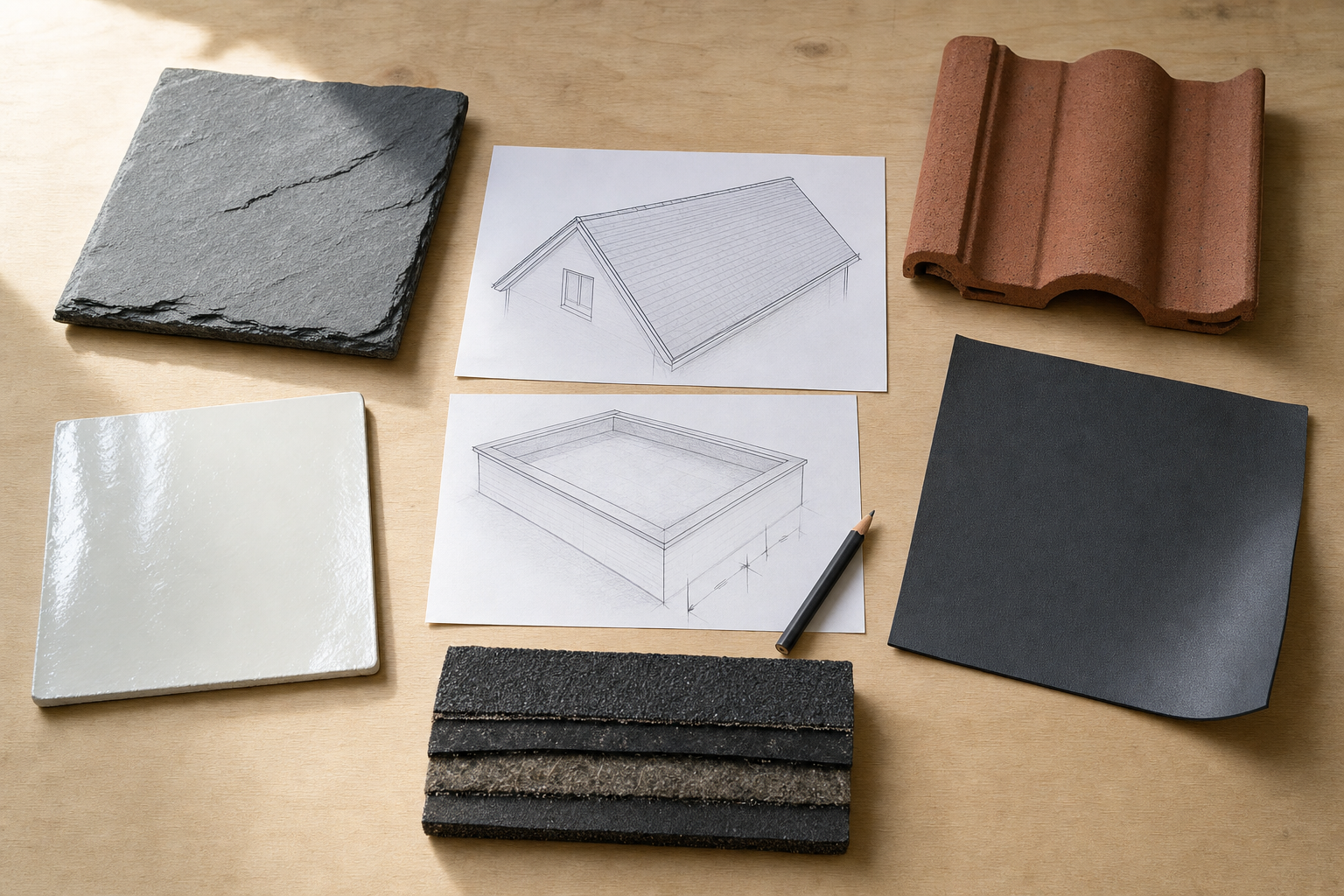 Building plans surrounded by various roofing materials on a wooden table.