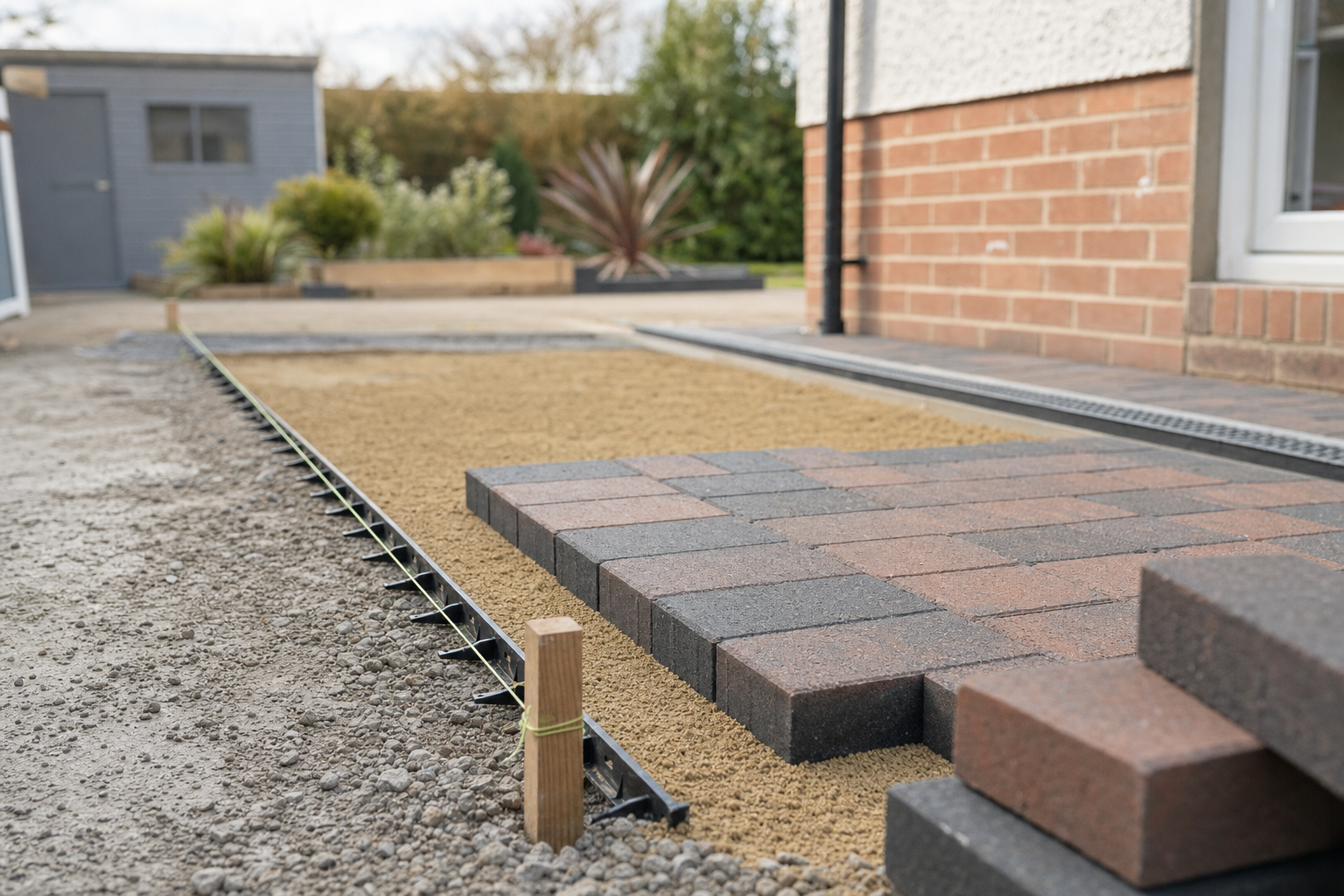 Paving stones are being laid on a prepared sandy base beside a brick house.