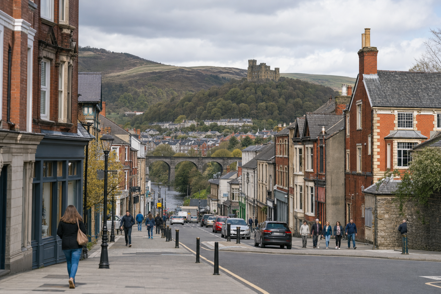 A bustling street in a quaint town with a hilltop castle and arched bridge in the background.
