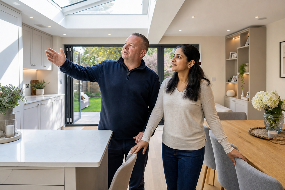 Two people stand in a bright, modern kitchen with one pointing out features to the other.